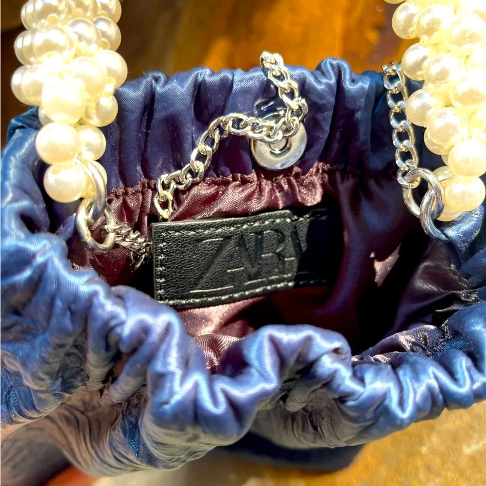 NWT Zara Blue Pearl Handle Wrinkled Crossbody Bag